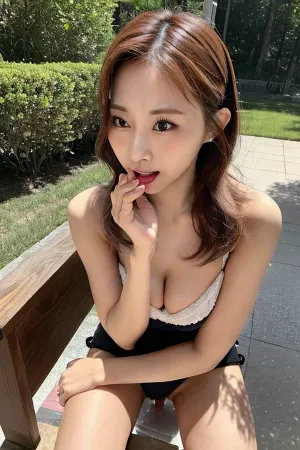 一张女孩跪着睁着眼睛的照片,展示了她完美的面容和对称的身体. 她穿着一件显眼的比基尼上衣和一双紧身短裤 她长长的黑色头发 伸向她的背部 陷害她