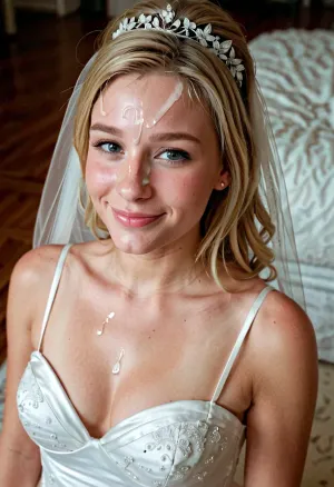 A woman in her 18th year, with blonde hair and a wedding dress, was depicted as happy and covered in cum