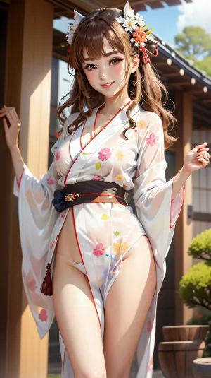 女孩调整了纱布,在镜子中仰慕自己,欣赏她的和服. 她抬起它来仔细看看 发现一条白色的内裤 从她的浴衣底下偷看 她笑着想知道什么