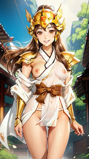 棕色的眼睛和金色头发的女孩站在画面前,她的和服举起,以揭示一套完全白色的内裤和莎士. 她对观众微笑, 揭示了一套完美的白牙 闪耀在