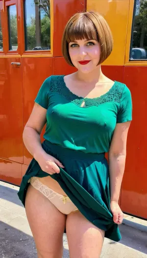 Una donna bionda depravata di sessant'anni vestita da ragazza, gonna scolastica, da scopare come una volta era in gioventù. Ha alzato la gonna e ha rivelato la sua immagine di una ragazza con gambe molto grasse