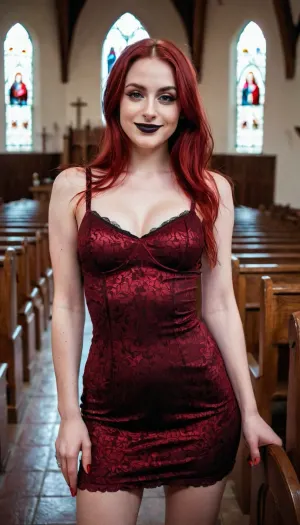 The petite punk rock girl posed for a photo in front of the church, her slim figure accentuated by her skimpy red mini dress. Her full-length photo was captured perfectly, and her angular face was highlighted by the camera's perfect skin tone