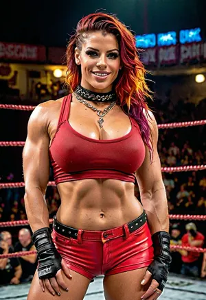 The ultra-detailed, best quality photo of the punk rock cyberpunk brazillian woman with a large bust and muscular arms was taken in a wrestling ring. She had a highres textured skin that looked like it was made of leather