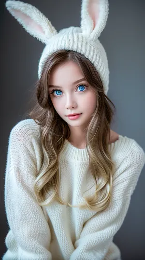 A woman in a bunny hood with fake eyelashes and blue eyes was captured in a photo, showcasing her strong lighting and intricate patterns. She had an innocent look on her face, but her thick black eyelashes and bunny hood added to