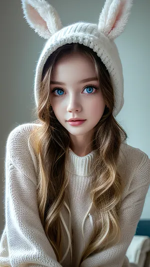 A woman in a picture with thick black eyelashes and blue eyes, wearing a fake 18-year-old girl's face, had a strong lighting that made her look even more beautiful. She wore a sweater that was too big for her, but