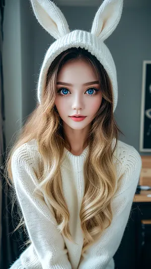 In the room, a young girl with a naive face and thick black eyelashes sat on the bed. She was wearing an 18-year-old girl outfit with blue eyes, strong lighting, and a fake smile. Her hair was styled in a