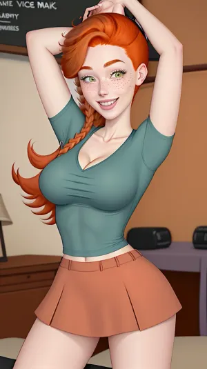 Jessica, a 21-year-old gymnastic body with freckles on her cheeks and nose, poses for the camera in an erotic way while wearing a sexy shirt that shows off her cleavage