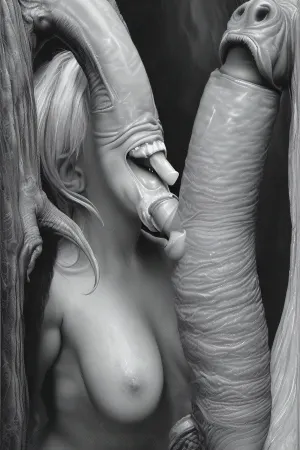 The woman's face was contorted in pleasure as she gazed at the massive penis protruding from the monster's mouth. She could feel its heat emanating from its body, and she knew that it was about to erupt. The woman felt a