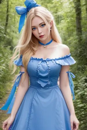 Alice nel Paese delle Meraviglie era una donna con capelli biondi lunghi e un vestito a nastro blu. Aveva un enorme seno perfetto per immagini che rimbalzava mentre camminava