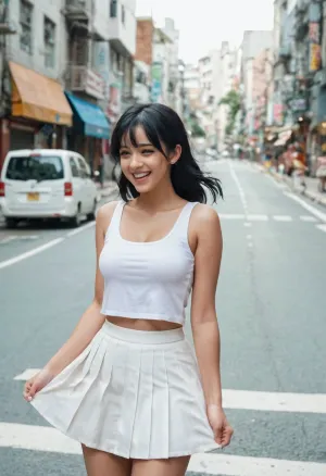 AI生成的图片显示一个短发女孩和一个贴身裙. 她正在笑,有两个侧面的发泡。 照片是未经审查的,所以显示女孩的乳房和乳沟