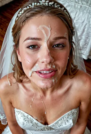 The woman in the picture was wearing a wedding dress with cum on her forehead, and she posed for the camera with different men, all taken during their sexual encounters