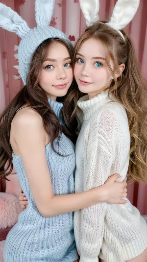 Two women, naked and hugging each other, their naked bodies pressed together. They were both beautiful and innocent-looking with thick black eyelashes and blue eyes. Their hair was short and styled in a bunny-like mokomoko, which