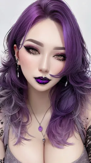Une femme aux longs cheveux violets et aux piercings dans ses lèvres a été capturée à la caméra tout en ayant une photo prise. Elle avait une morsure de serpent perçant dans sa lèvre, ce qui a ajouté à l'aspect bizarre de la photo. Le fond était plein de blanc et