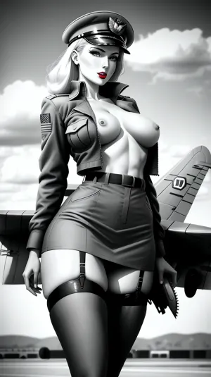 实岛负责拍摄基地的飞机. 她穿上新制服,为飞机拍照。 她很高兴看到他们身上有丝袜!