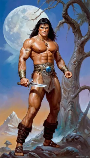 O bárbaro Conan era um guerreiro habilidoso com olhos azuis e cabelo preto, em frente a um castelo majestoso. Ele tinha roupas de alta cauda que mostravam suas curvas perfeitamente, tornando-o o assunto perfeito para o artista Boris Vallejo