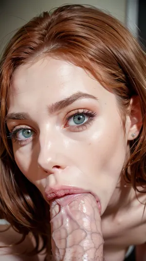 Uma mulher com cabelo de gengibre bagunça e olhos verdes e pele pálida estava chupando um pau, mostrando seu rosto, e não tinha maquiagem