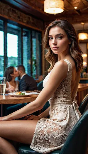 Молодая девушка в платье сидела за столом, ее ноги слегка откололись, и вид снизу от края стола. Ее платье было ультра-детализованным и профессиональным, с высоким разрешением фотореализма. Ее рот