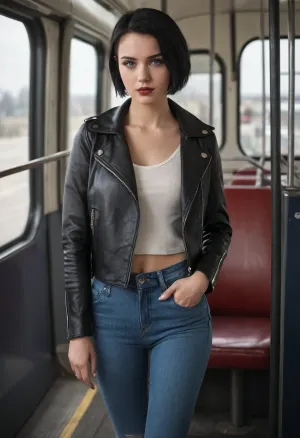 A woman with pixie haircut and black leather jacket stands in front of a bus scene, wearing a leather jacket and jeans. She has blonde hair, blue eyes, and freckles on her face. Her lipstick is red and she looks