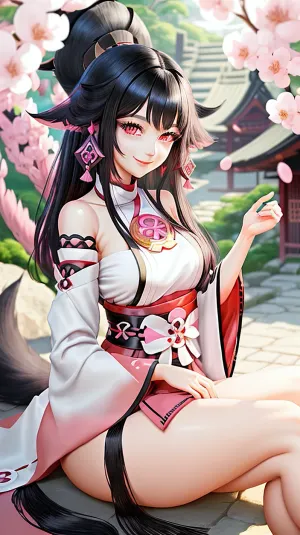 一个有黑色头发,粉红色眼睛的迷人女人,和一个白色的豪人站在观众面前,用她的手在一个邀请的姿态中伸出来. 她的笑容令人着迷 她向观众伸出她的手 就像邀请