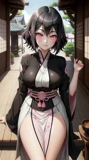 隆忍不住觉得被那美丽的黑发,粉红的眼睛,白发女郎吸引. 她的笑容让他想摸她