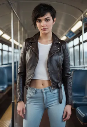 照片中的女人穿着黑色的皮夹克和腿部,头发被绑在一个杂乱的包子里. 她脸上有雀斑,身高5米9". 她的表达是超现实主义的