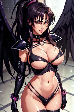 Simple White Background, chain, cleavage, cleavage_cutout, clothing_cutout, collar, heart_cutout, collarbone, choker, nude, navel, shoulder armors, highleg, boots, thighhighs, black_wings, purple_eyes, black_hair, very_long_hair, elbow_gloves, 1 girl, 20yo, Young female, Beautiful Finger, Beautiful long legs, Beautiful body, Beautiful Nose, Beautiful character design, perfect eyes, perfect face, expressive eyes, perfect balance, looking at viewer, (Focus on her face), closed mouth, (innocent_big_eyes:1), (Light_Smile:.3), official art, extremely detailed CG unity 8k wallpaper, perfect lighting, Colorful, ponytail, Bright_Front_face_Lighting, White skin, (masterpiece:1), (best_quality:1), ultra high res, 4K, ultra-detailed, photography, 8K, HDR, highres, (absurdres:1.2), Kodak portra 400, film grain, blurry background, (bokeh:1.2), lens flare, (vibrant_color:1.2), professional photograph, (Beautiful, large_Breasts:1.4), (beautiful_face:1.5), (narrow_waist), <lora:Raynare_DxD-KK77-V1:.7>, <lora:Oda_Non_Style-KK77-V2:.3>, <lora:more_details:.1>