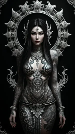 In the serene world of AI, a woman with green eyes and tattoos, full body, 2 by Nicholas Smith creates a stunning illustration of a woman with black hair and piercing silver eyes. The intricate black and white illustrations are symmetrical balance,