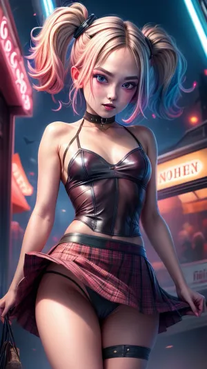 Harley, a young woman in the neon-lit market, was browsing through the aisles when she found a beautiful silk skirt that caught her eye. As she reached for it, a man's eyes were fixed on her from across the aisle. She