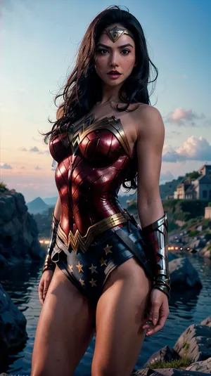 El impresionante traje generado por AI con detalles de alta resistencia y enfoque agudo se ve usando un traje Wonder Woman cosplay. La foto fue tomada fuera frente a un cielo con fotografía Hasselblad de alta calidad. La mano que sostiene la cámara es