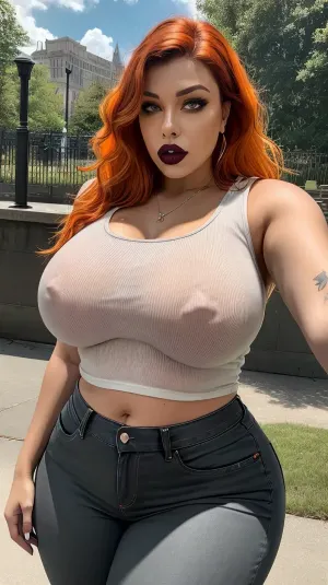 一个带着哥特式特征的年轻女性,穿着微型作物的顶部和微型牛仔裤,展示了她被打中了的中里夫和斯尔夫格的脸. 她的胸部大 腰部有性感的, 黑色T恤,p