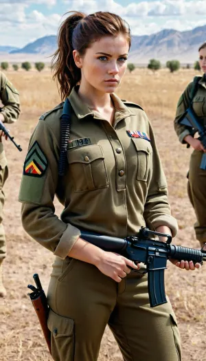 Um grupo de meninas de 18 anos, vestidos de uniformes militares e armados com fuzis, estava em frente a um enorme exército de batalha com clivagem. Estavam armados com espingardas e usavam rabos de cavalo. Seu cabelo era grosso e visão corporal era