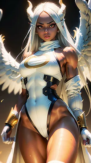 Teanna Trump is a warrior archangel with a fierce and powerful presence. She has long, flowing white hair that cascades down her back in thick waves, and her eyes are piercing golden. Her ears are pointed upwards with long rabbit-like