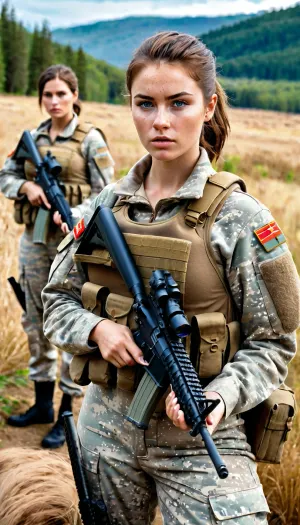 The group of 18-year-old girls posed for a photorealistic masterpiece that depicted their full body view, with cleavage, ponytail, hairy pubic fleece, army cargo pants, shooting with rifles, brunette pixie hair and