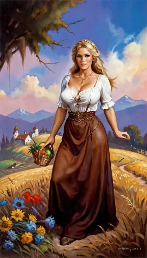 A 50-year-old woman with a wide hips, huge breasts, and a shaggy pussy works in the field wearing a beautiful white blouse with blue eyes and neckline. She wears a beautiful brown dress that is the perfect picture for