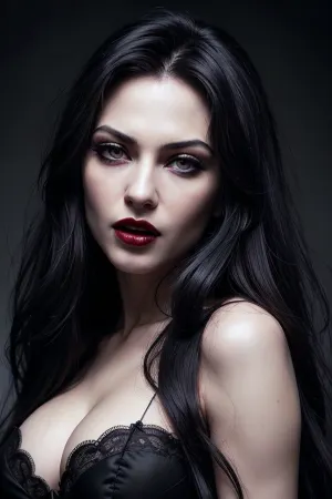 A 30-year-old Romanian vampire woman with long wavy black satin gown and blue eyes stood in front of the mirror admiring her perfect blue eyes and blood red lips. She knew she was irresistible to men, but also knew