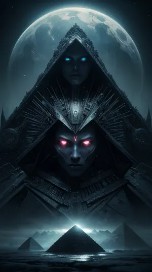 The AI-generated text describes a photorealistic 8K ultra-high resolution image of a woman in black armor with intricate details and patterns, using a top-down view to convey the sense of mystery and intrigue. The photograph is accompanied by