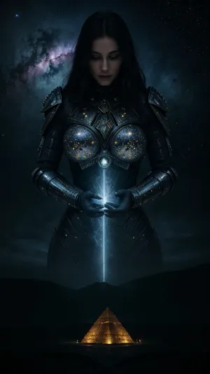 The woman in black armor is wearing a topless armor that is highly detailed and intricately patterned. The geometric patterns are reminiscent of the work of H.R. Giger, and the armor itself is made of high-quality materials that are
