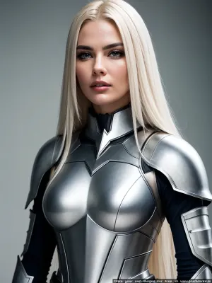 A mulher estava em frente a uma grande armadura de metal, sua cara zangada focada na armadura de metal branca que estava diante dela. Seu cabelo loiro fluiu no vento enquanto ela segurava um cabelo reto branco em uma mão e uma imagem de si mesma no outro