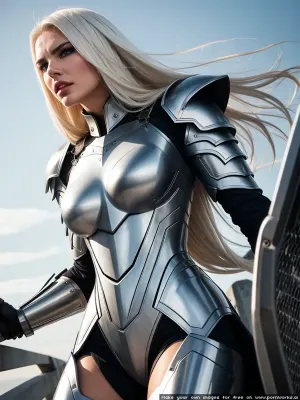 A mulher estava em frente ao espelho, admirando sua armadura de metal branco. Ela tinha uma postura confiante e estava pronta para assumir qualquer desafio. Seus lábios estavam cheios e vermelhos, e seu cabelo loiro em cascata para baixo em ondas. Ela..
