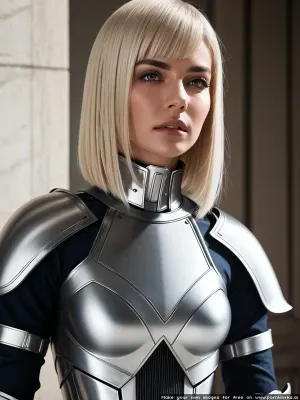 A mulher estava em frente ao espelho, admirando sua armadura de metal branco. Ela tinha uma postura confiante e um bobcut de cabelo reto que enquadrava seu rosto perfeitamente. Seus lábios estavam cheios e vermelhos, com um bobcut de cabelo reto branco que parecia
