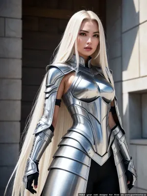 A mulher ficou alta, seu cabelo loiro fluindo no vento. Sua postura confiante e armadura de metal branco lhe deu um ar de autoridade. Ela olhou para a frente, seus lábios se puseram em linha reta. À distância, ela podia ver um grupo de