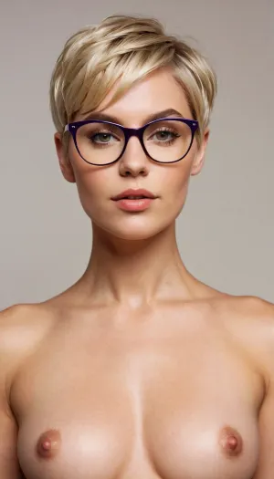 Eine Frau mit blondem Pixie Schnitt und schlichtem Hintergrund war topless, zeigt ihre geschlagenen Titten ab. Sie hatte ein Bild von einem Mann mit Brille auf ihrem Schreibtisch, den sie aufmerksam betrachtete. Ihr Text lautet: "I