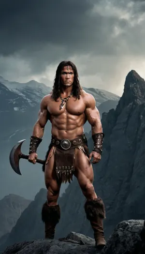 Uma mulher muscular com uma roupa de fantasia escura está no topo de uma montanha, wielding um machado e olhando feroz. Esta é a imagem da história "Conan the Barbarian" de Robert E. Howard, que foi criada por ele e é conhecida por sua