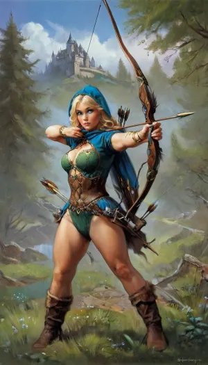 아카이브는 활과 화살의 정밀 위치로 겨냥한 활 끈을 당깁니다. 요새에는 녹색 덩굴과 나무가 있습니다. Boris Vallejo의 작품은 활과 화살의 정밀 위치와 활을 끌어 올리는 아카이브를 묘사합니다