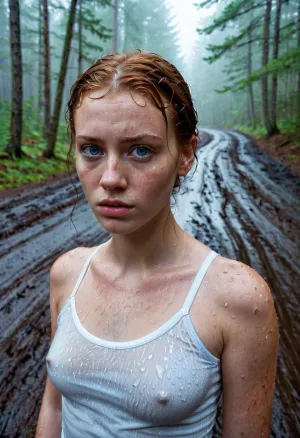 Ein junges erwachsenes Mädchen, mit einer Angst vor Regen und Schlamm, trägt ein weißes T-Shirt und braless. Sie steht vor einem See mit dickem Nebel, der sie umgibt. Der Photorealismus der eisblauen Augen und Fransen