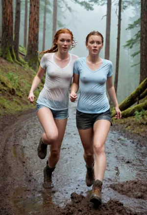 A young adult girl with ginger hair and freckles is wearing a wet white t-shirt and muddy braless bra. She jumps with legs collected, smiling, and low light photorealism. The fog day makes sense with the weather