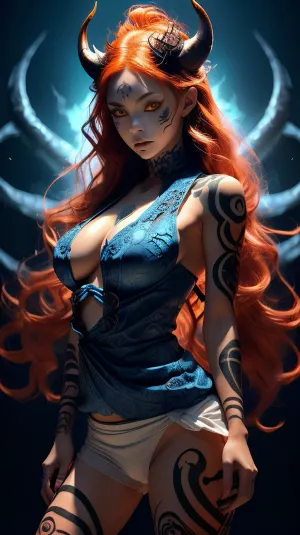 Hannah's digital painting of Sissy in her demonic form is a stunning portrait that captures the intricate details of the tattoos and piercings on her face. The soft lighting and dark background add to the eerie atmosphere, making it look like