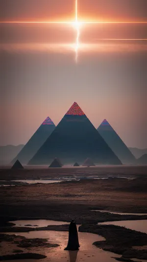 In a surreal and eerie scene, the woman stands in front of a pyramid with black obsidian and stone, surrounded by black sand and the dead plain of black stone. She is looking at them, feeling a sense of wonder and awe. The