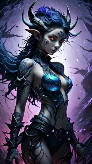 胸部小而乳头蓬勃的女孩走过一个黑暗的洞穴,她的翅膀在她身后扇动. 她肩上有龙纹,并穿比基尼盔甲由鳞片制成. 她的角滴着水晶清晰