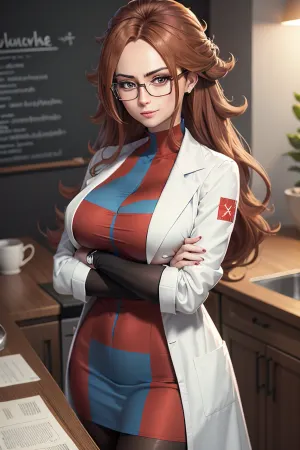 The woman in the labcoat with large breasts was wearing a checkered dress and black pantyhose. She had defa21 glasses on her face, and she was looking at a picture of an AI-generated masterpiece. Her furrowed